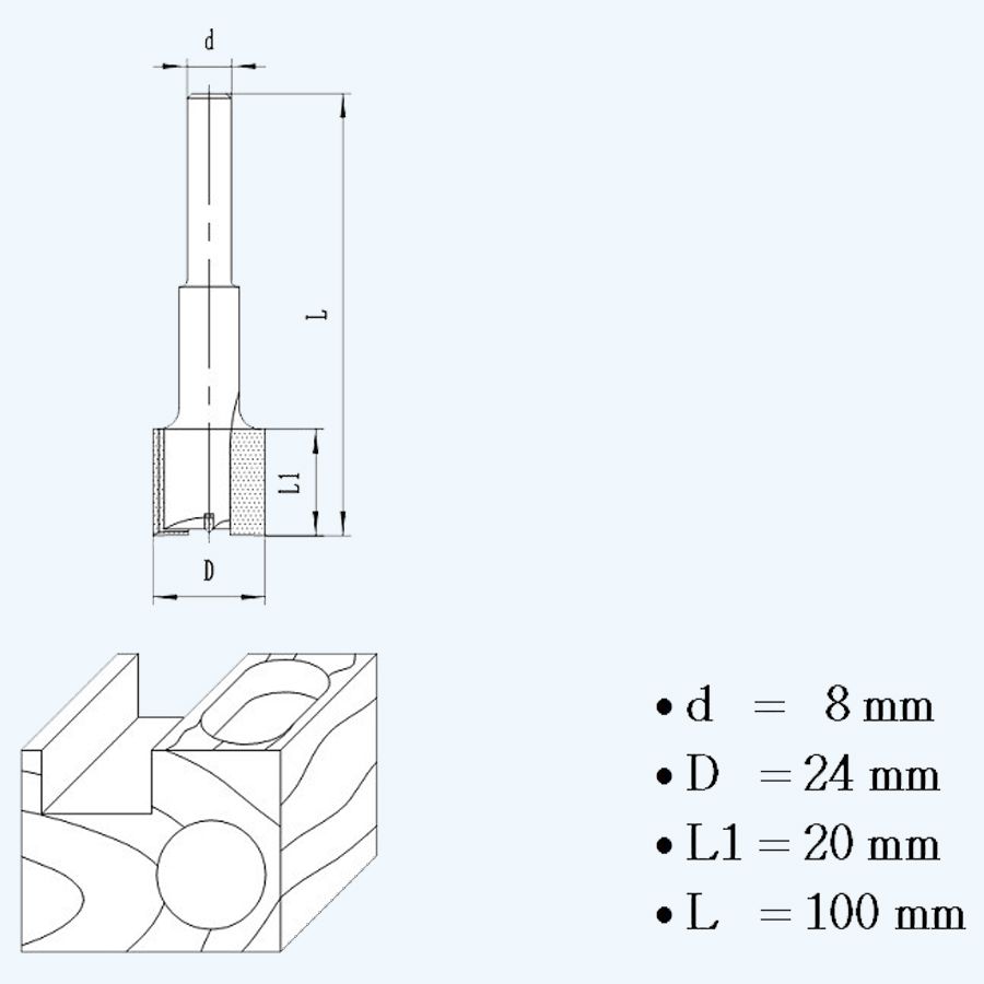 HM verlengde groeffrees 24 mm met ondersnijder