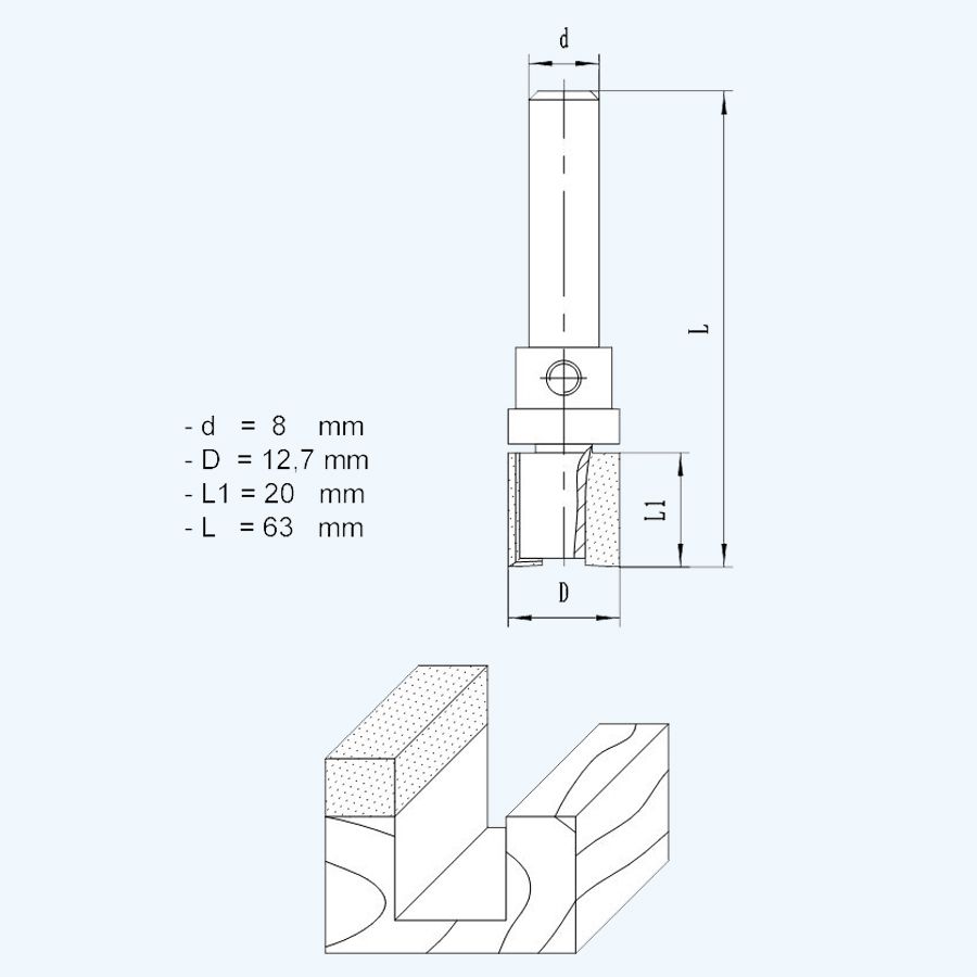 HM kantenfrees 12,7 x 20 mm met bovenlager