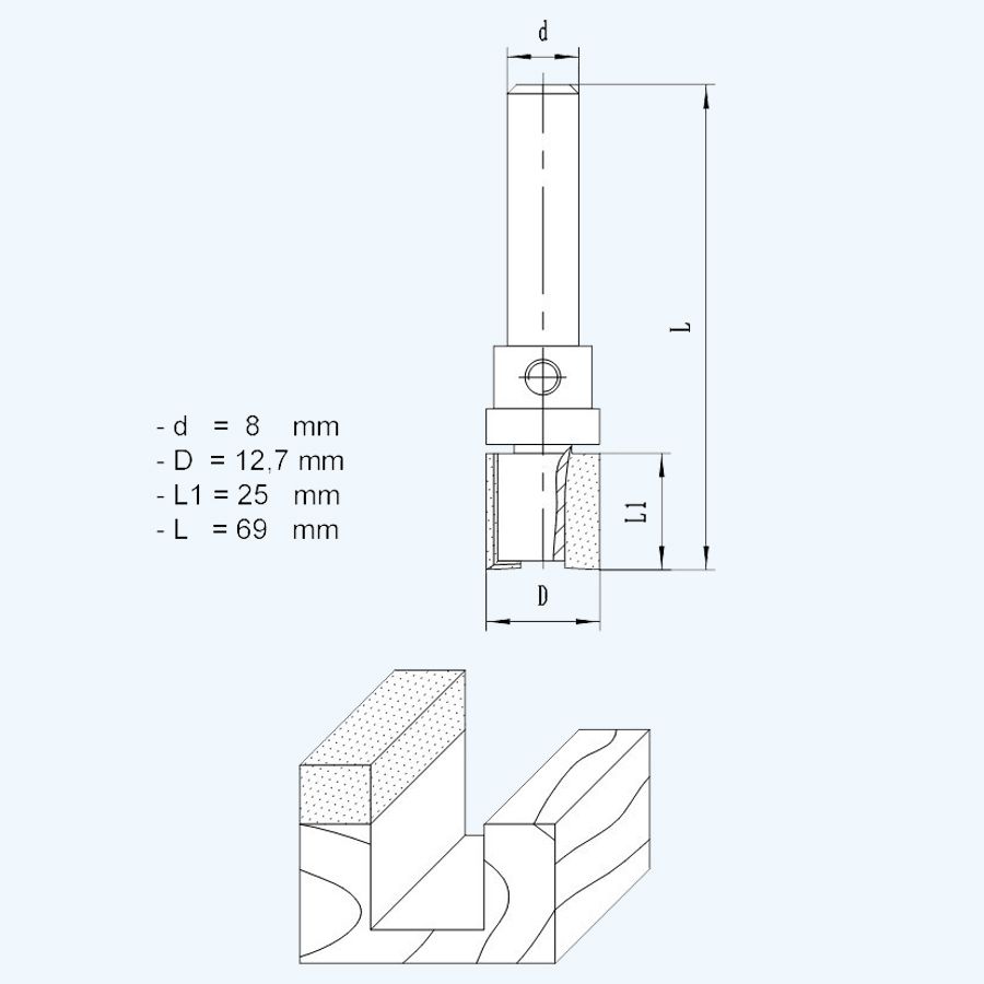 HM kantenfrees 12,7 x 25 mm met bovenlager