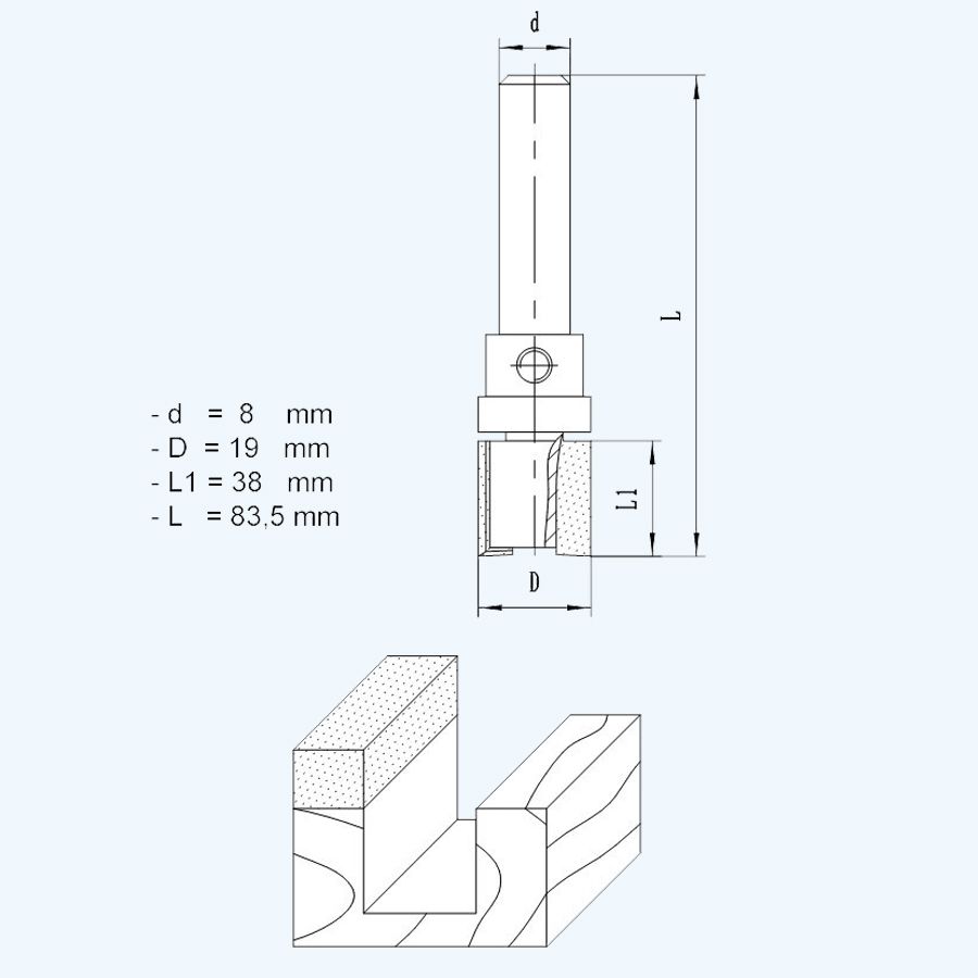 HM kantenfrees 19 x 38 mm met bovenlager