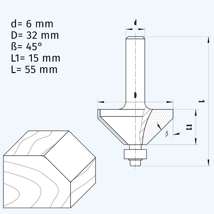 HM fasefrees 32 mm 45° / 6 mm schacht HM fasefrees 32 mm 45° / 6 mm schacht